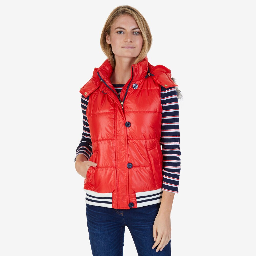 Faux Fur Hooded Puffer Vest,Red,large