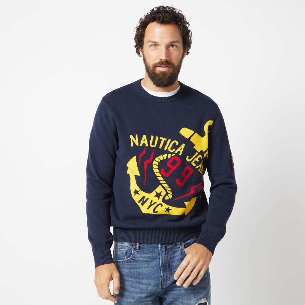 NAUTICA JEANS CO. INTARSIA GRAPHIC SWEATER,Navy,large