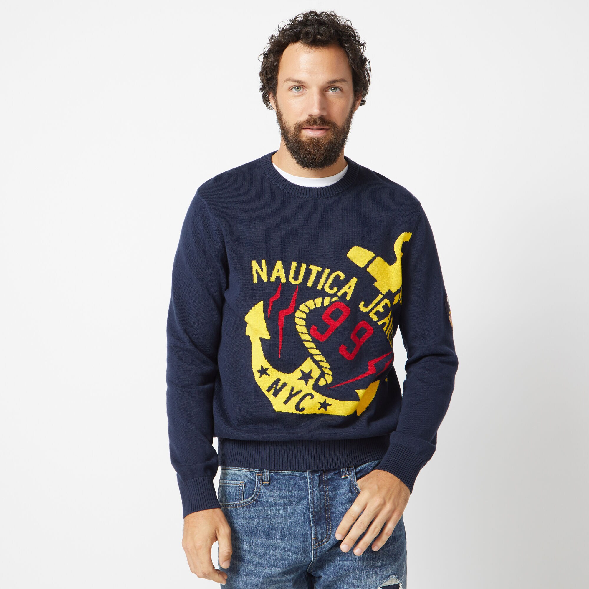 NAUTICA JEANS CO. INTARSIA GRAPHIC SWEATER,Navy,large