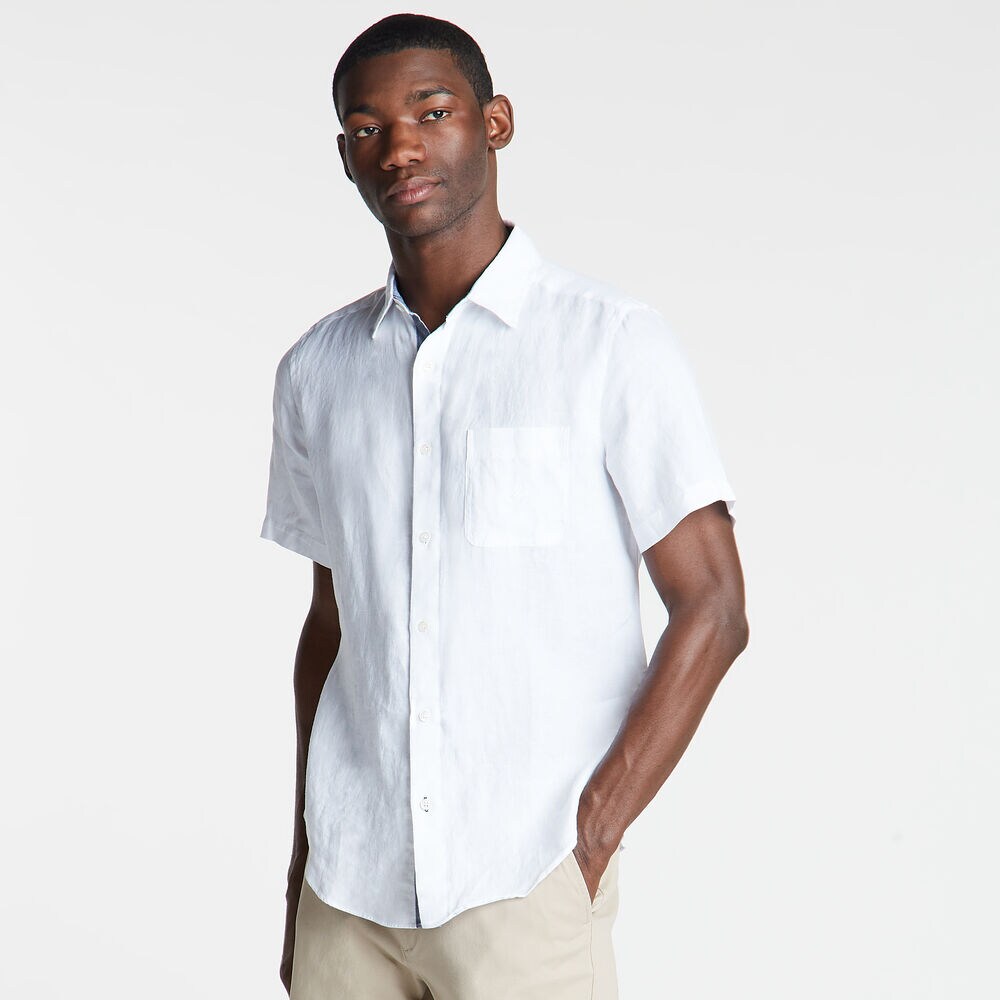 Classic Fit Short Sleeve Linen Shirt,Bright White,large
