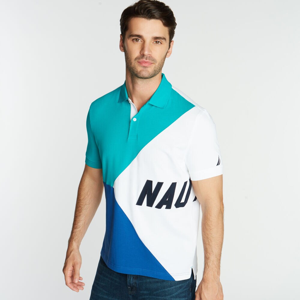 CLASSIC FIT JERSEY POLO IN DIAGONAL COLORBLOCK,Gulf Coast Teal,large