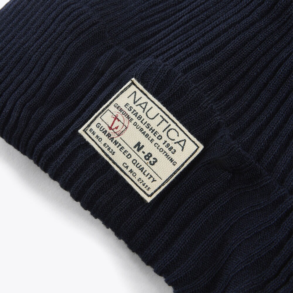 Rib-Knit Pom Hat,Navy,large