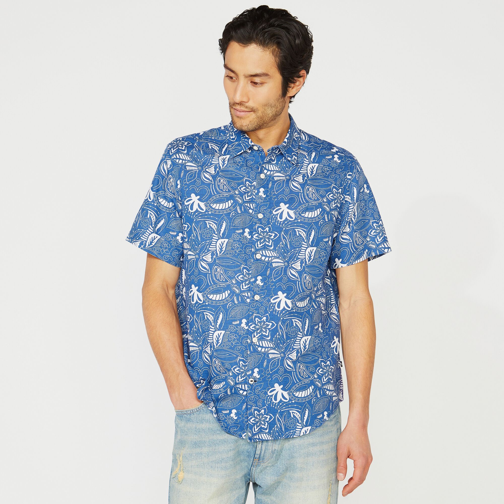 FLORAL PRINT LINEN SHORT-SLEEVE SHIRT,Limoges,large