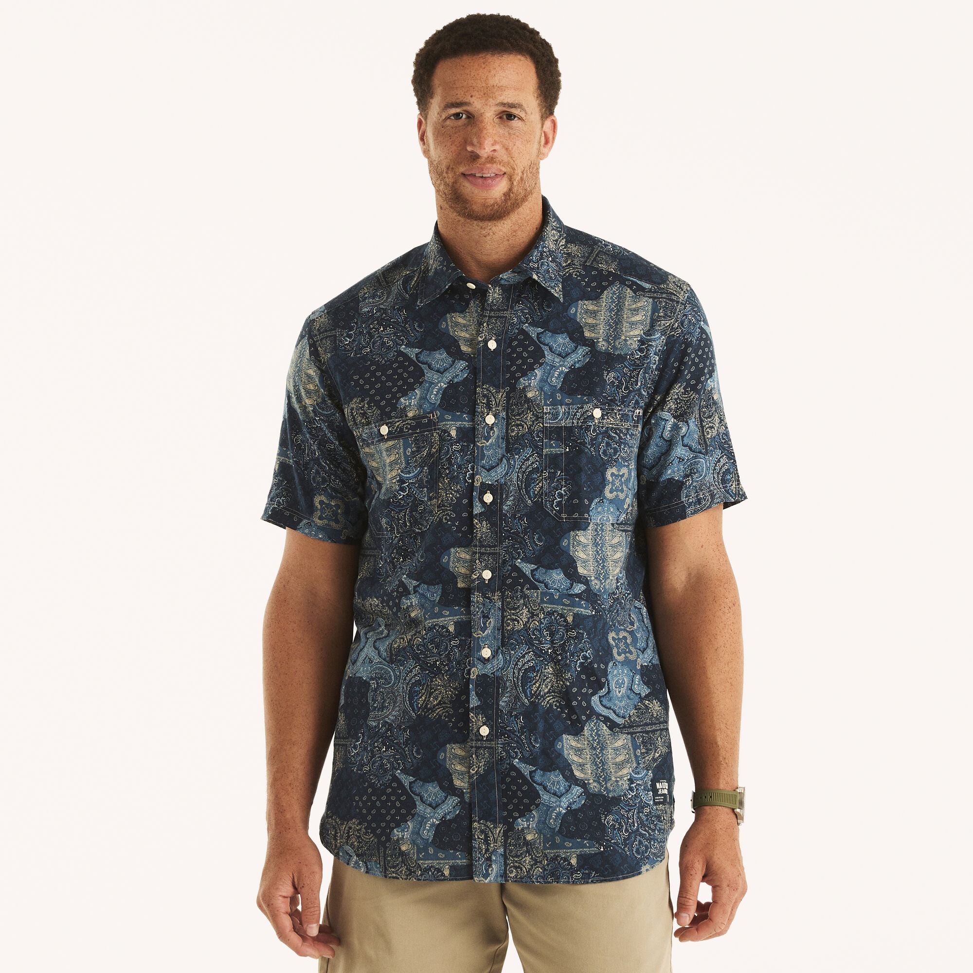 Big & Tall Nautica Jeans Co. Linen Printed Short-Sleeve Shirt,Stellar Blue Heather,large