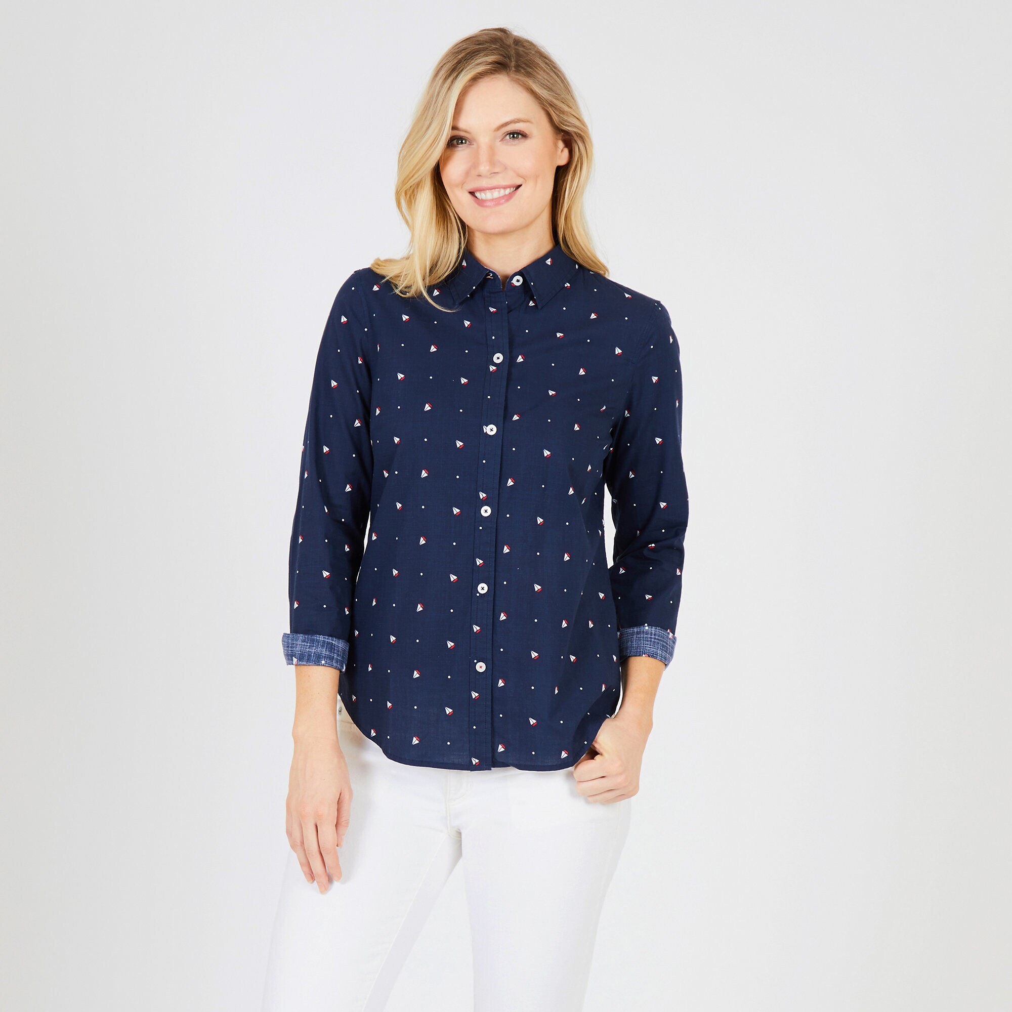 Sailboat Motif Button-Down Shirt,Stellar Blue Heather,large