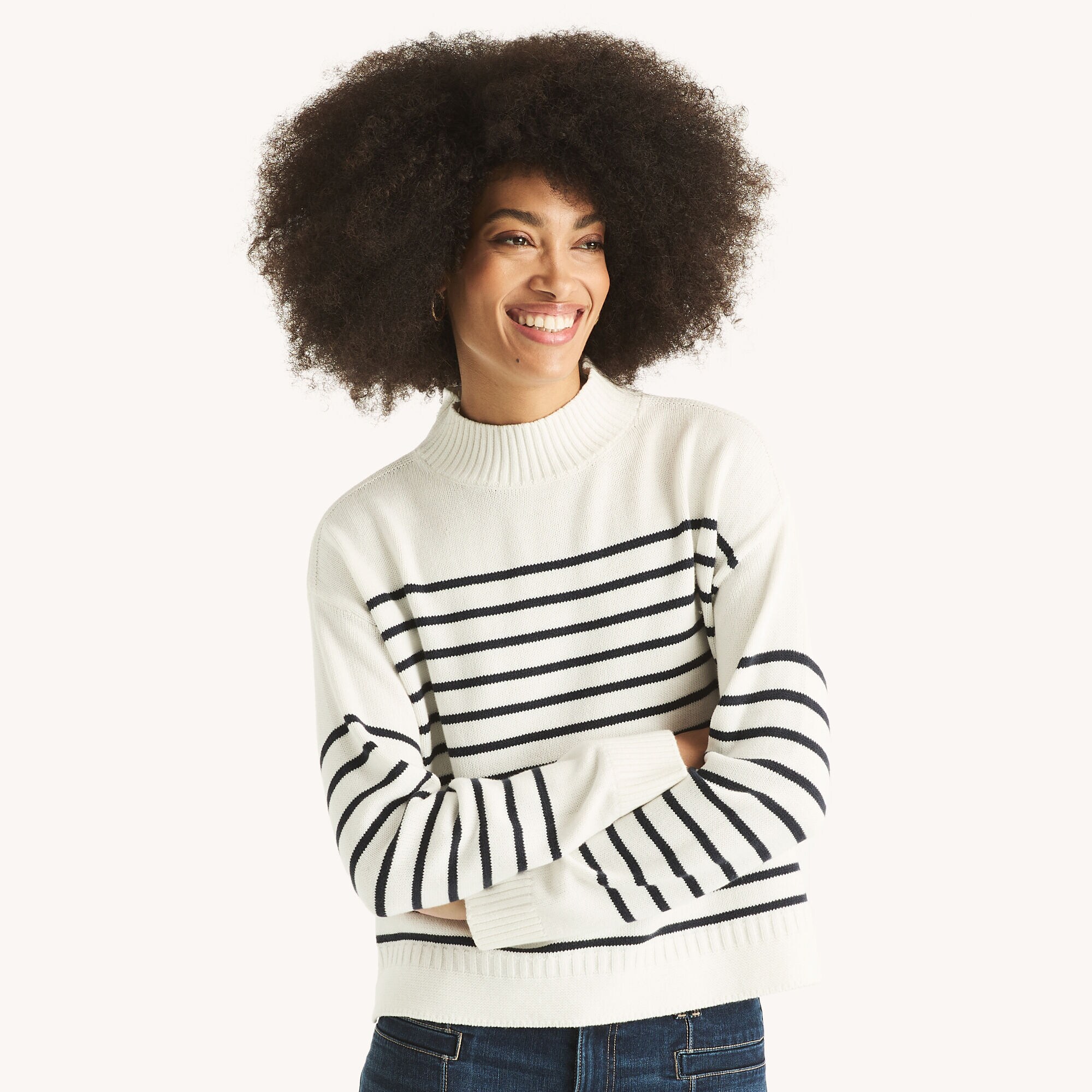 Striped Mock-Neck Sweater,Sail White,large