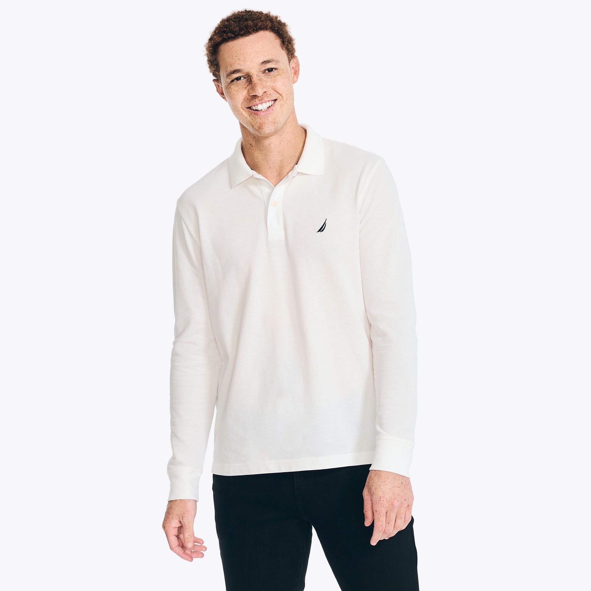 Classic Fit Long Sleeve Deck Polo,Sail White,large