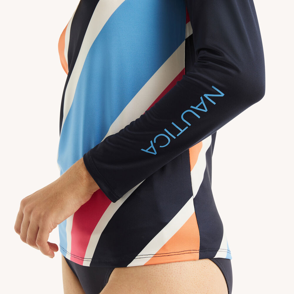Striped Rash Guard Swim Shirt,Stellar Blue Heather,large