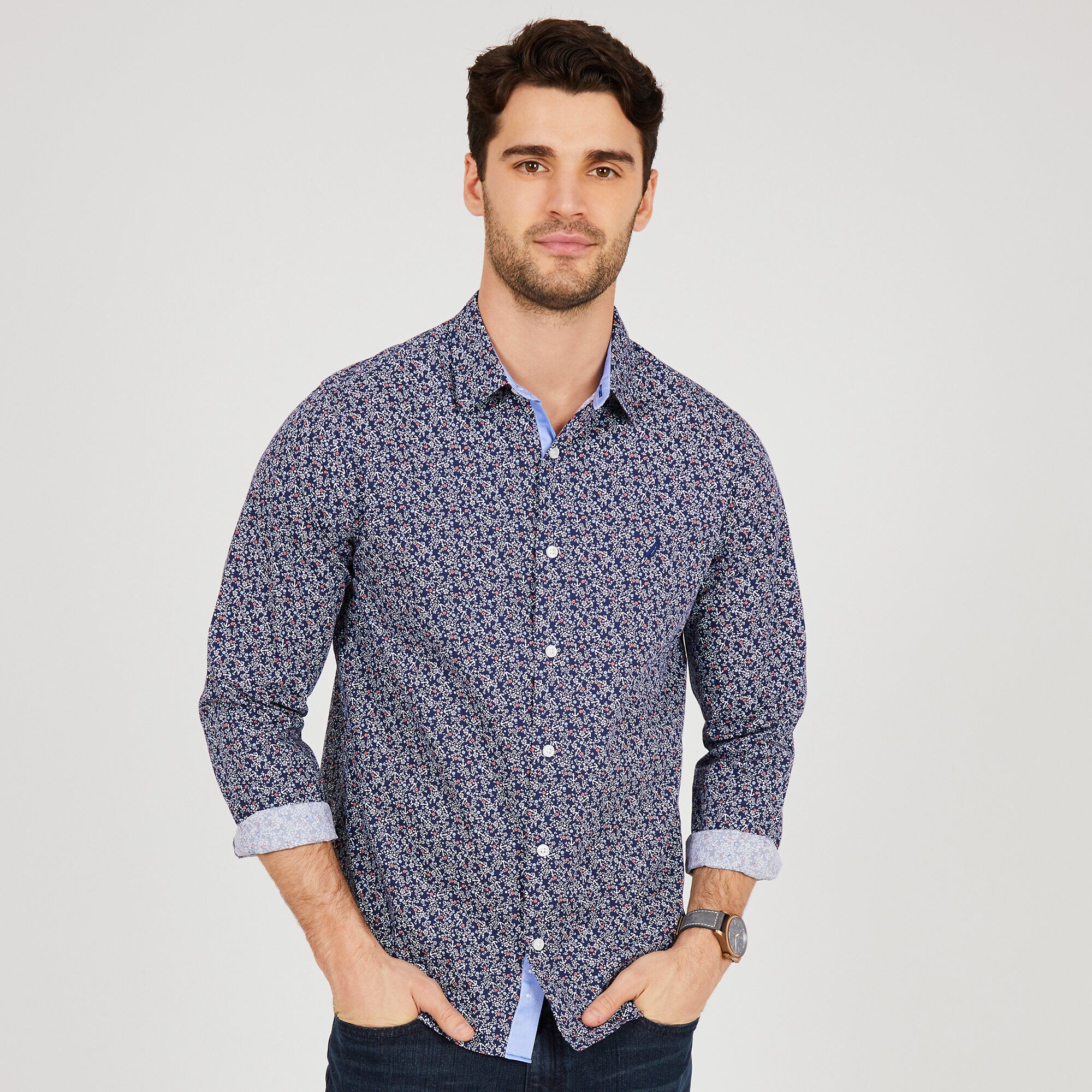 Anchor + Floral Slim Fit Button-Down Shirt,J Navy,large