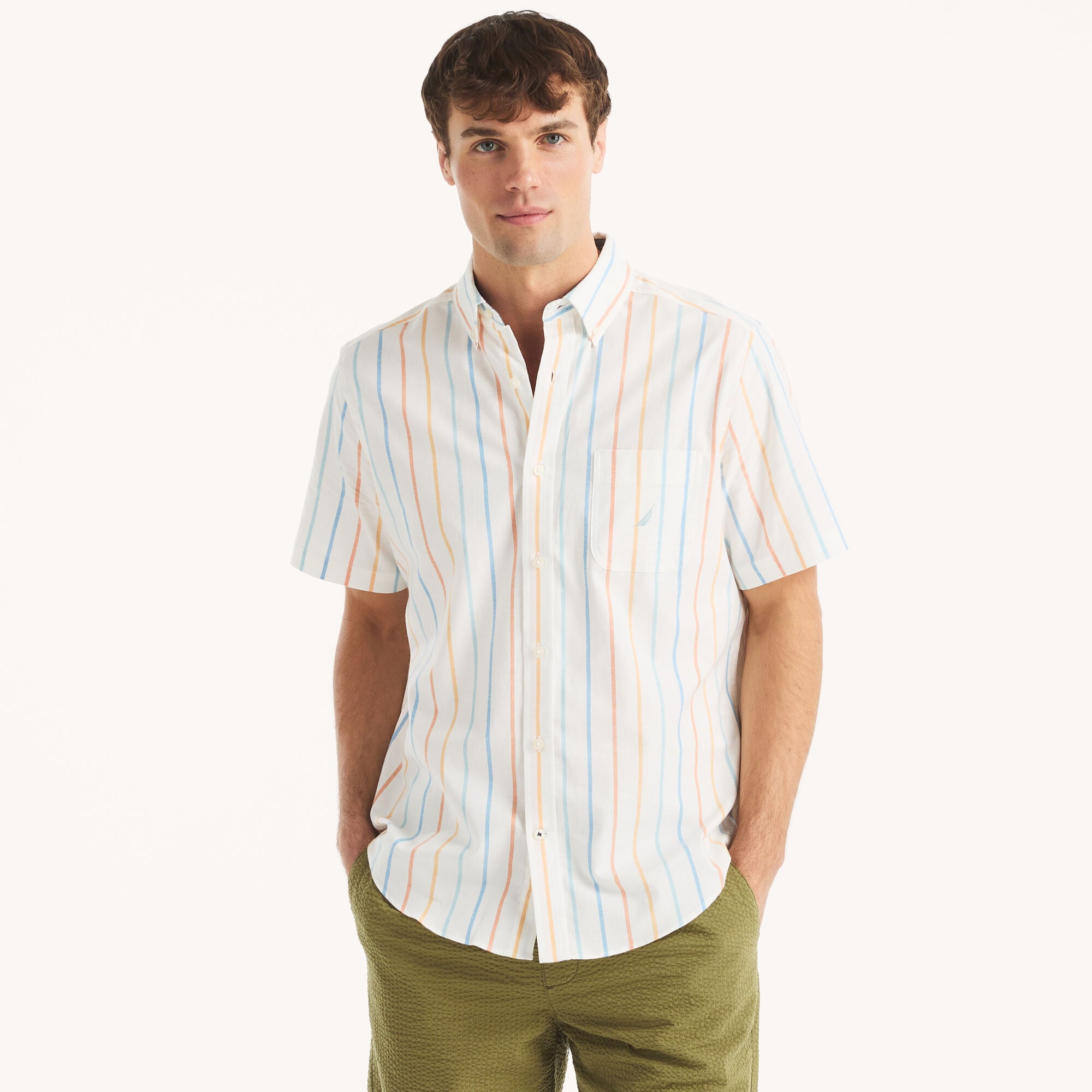 Striped Short-Sleeve Shirt,Sail White,large