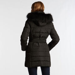 WOMEN'S QUILTED BELTED COAT,True Black,large