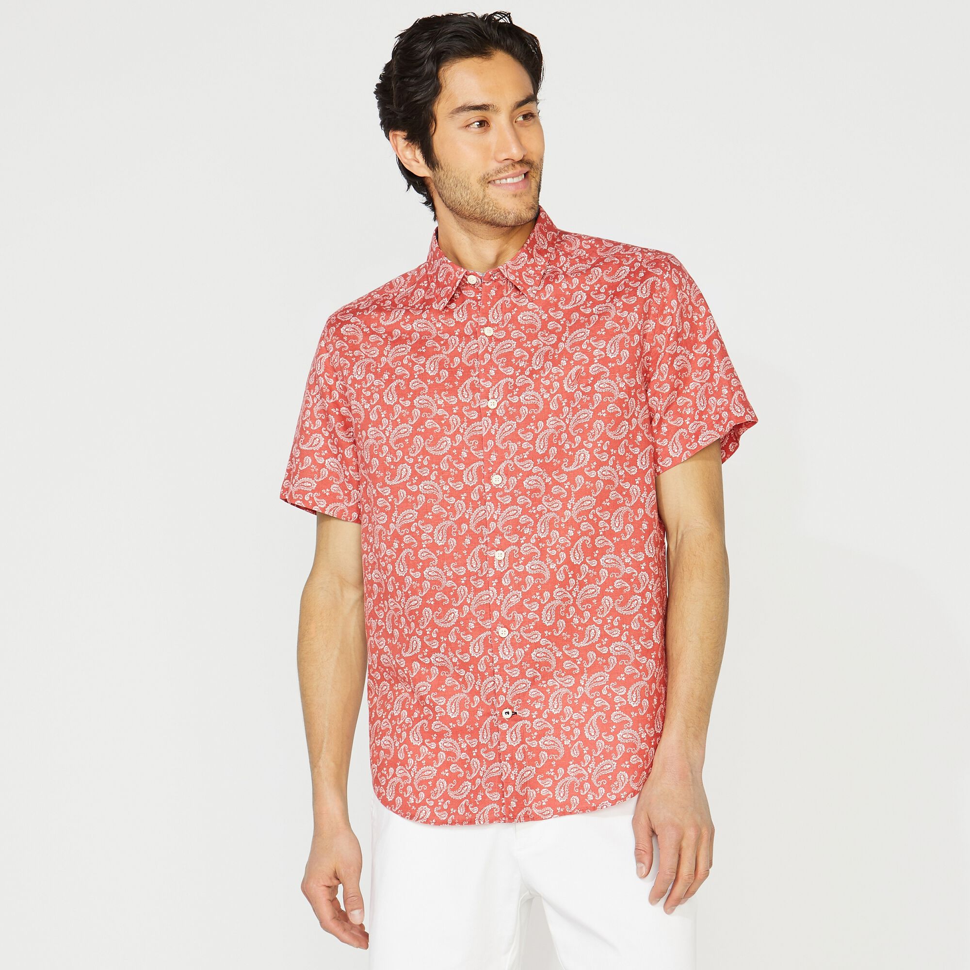CLASSIC FIT LINEN PAISLEY SHIRT,Mineral Red,large