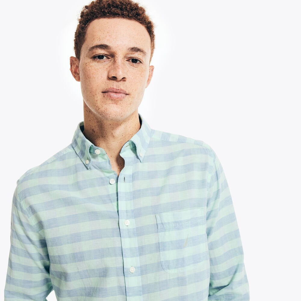 Gingham Plaid Linen Shirt,Pure Deep Sea Wash,large