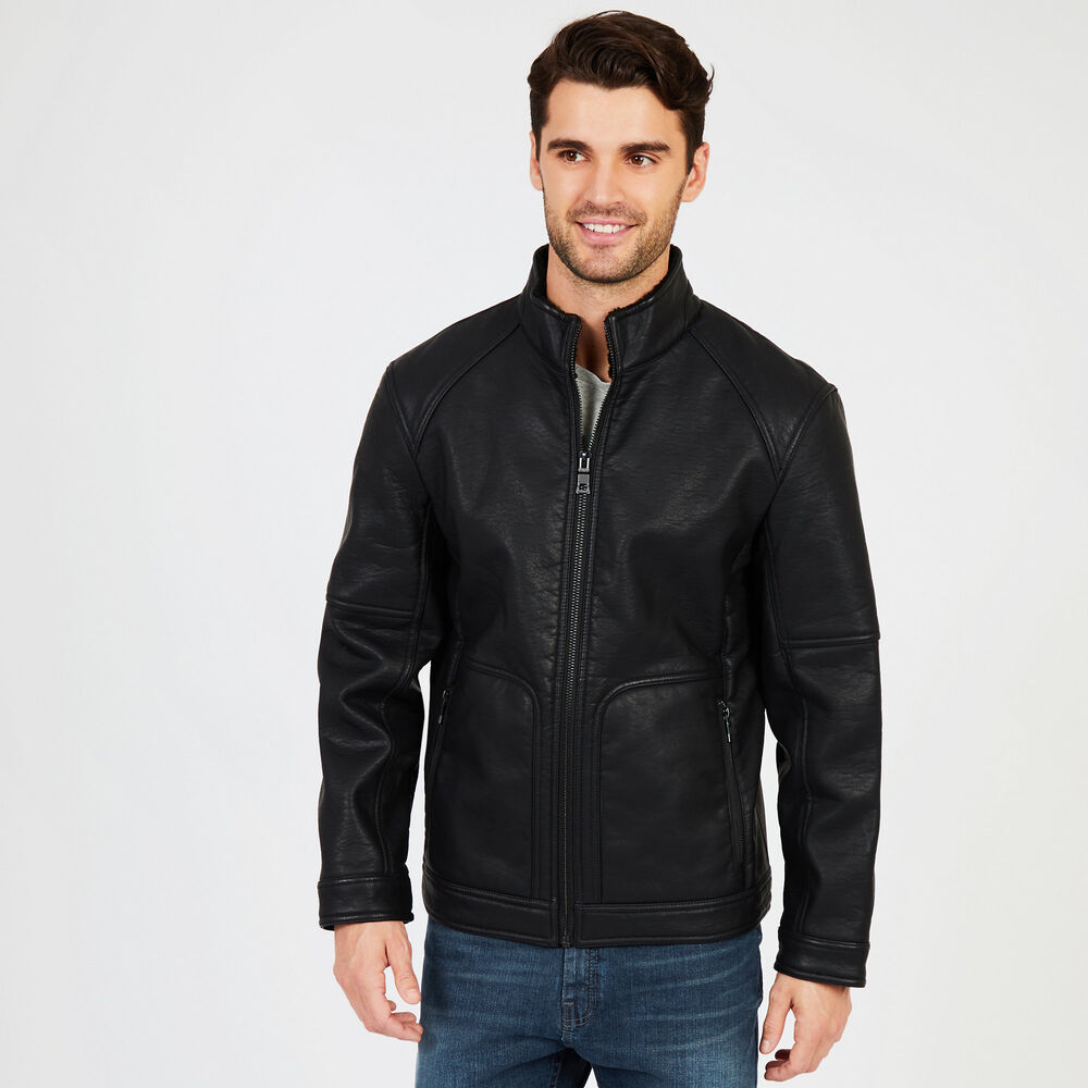 Stand Collar Faux Leather Jacket,True Black,large