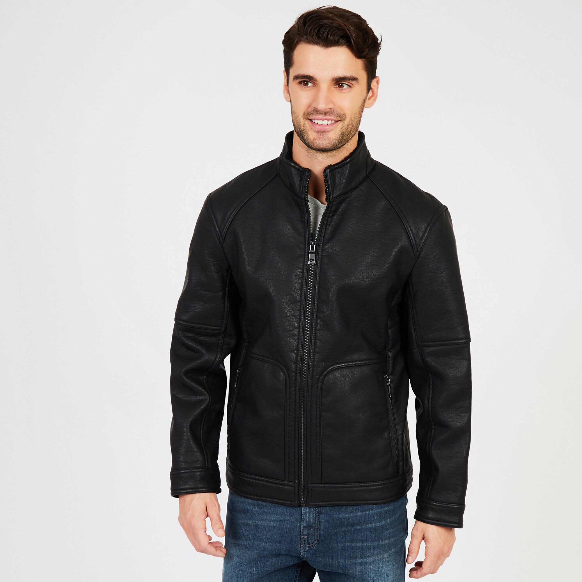Stand Collar Faux Leather Jacket,True Black,large