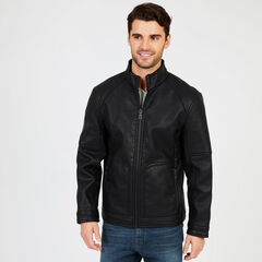 Stand Collar Faux Leather Jacket,True Black,large