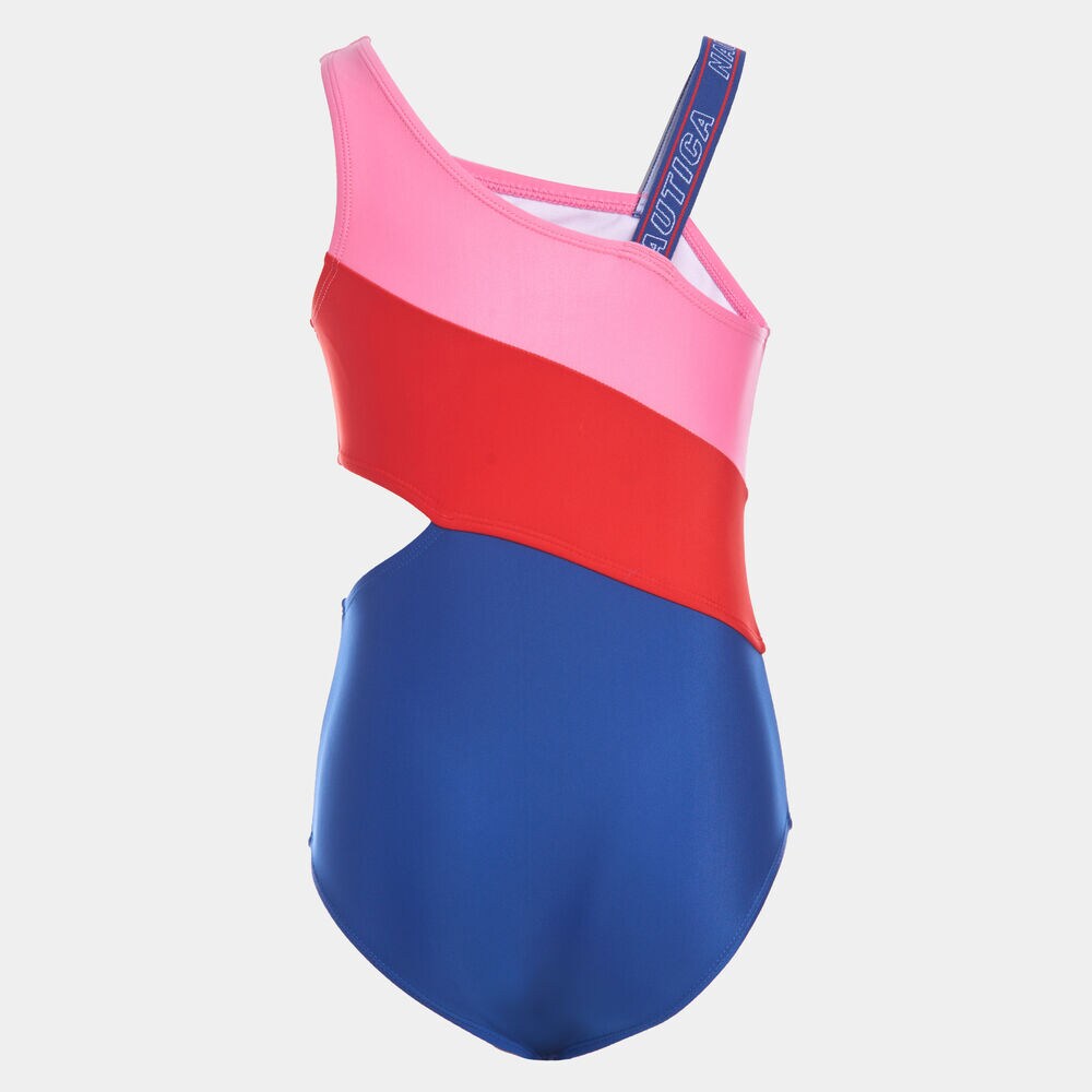 GIRLS' COLORBLOCK CUT OUT ONE-PIECE SWIMSUIT (8-20),Bolt Blue,large