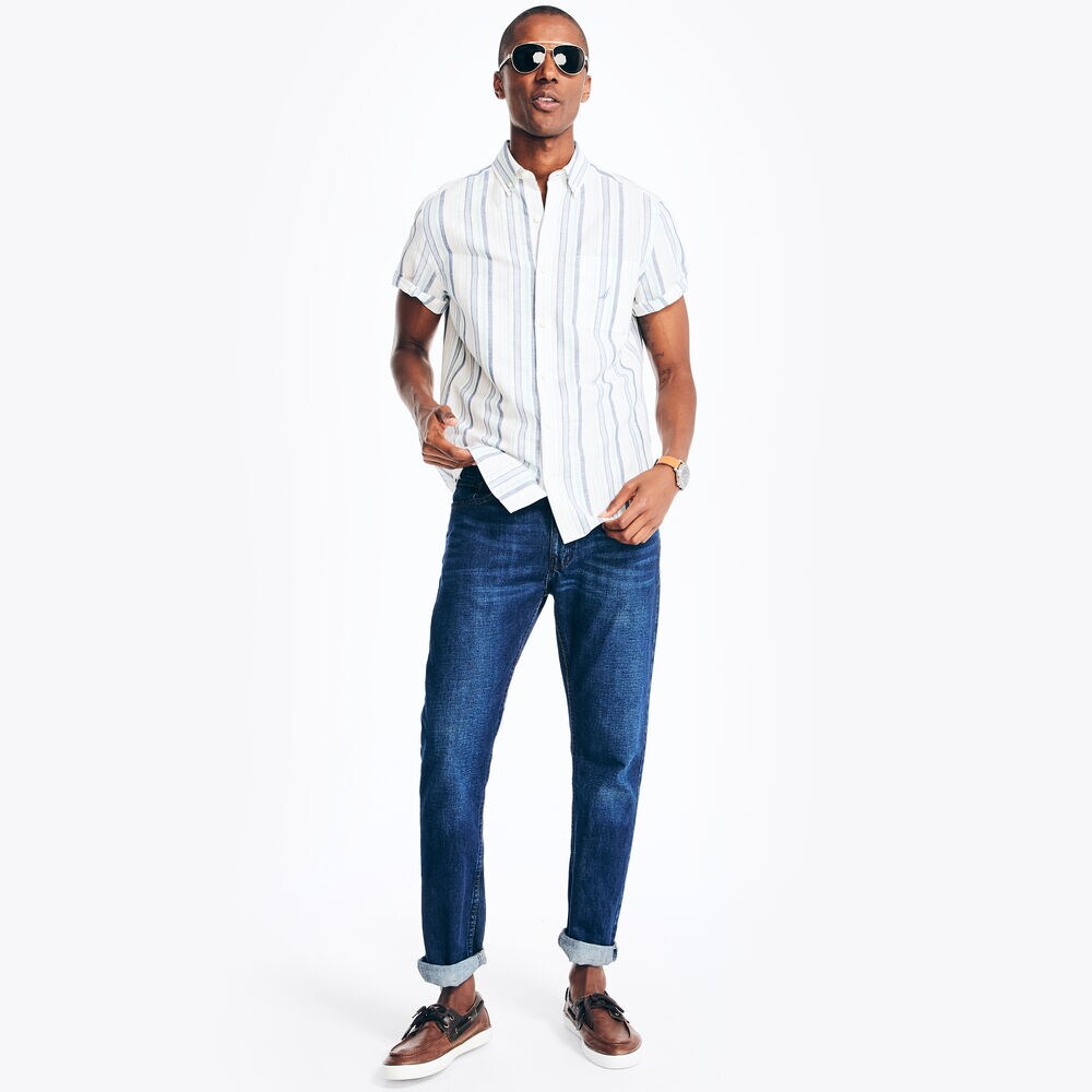 Striped Linen Short-Sleeve Shirt,Sail White,large