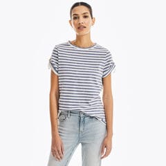 NAUTICA JEANS CO. STRIPED TAB-SLEEVE TOP,Bright White,large
