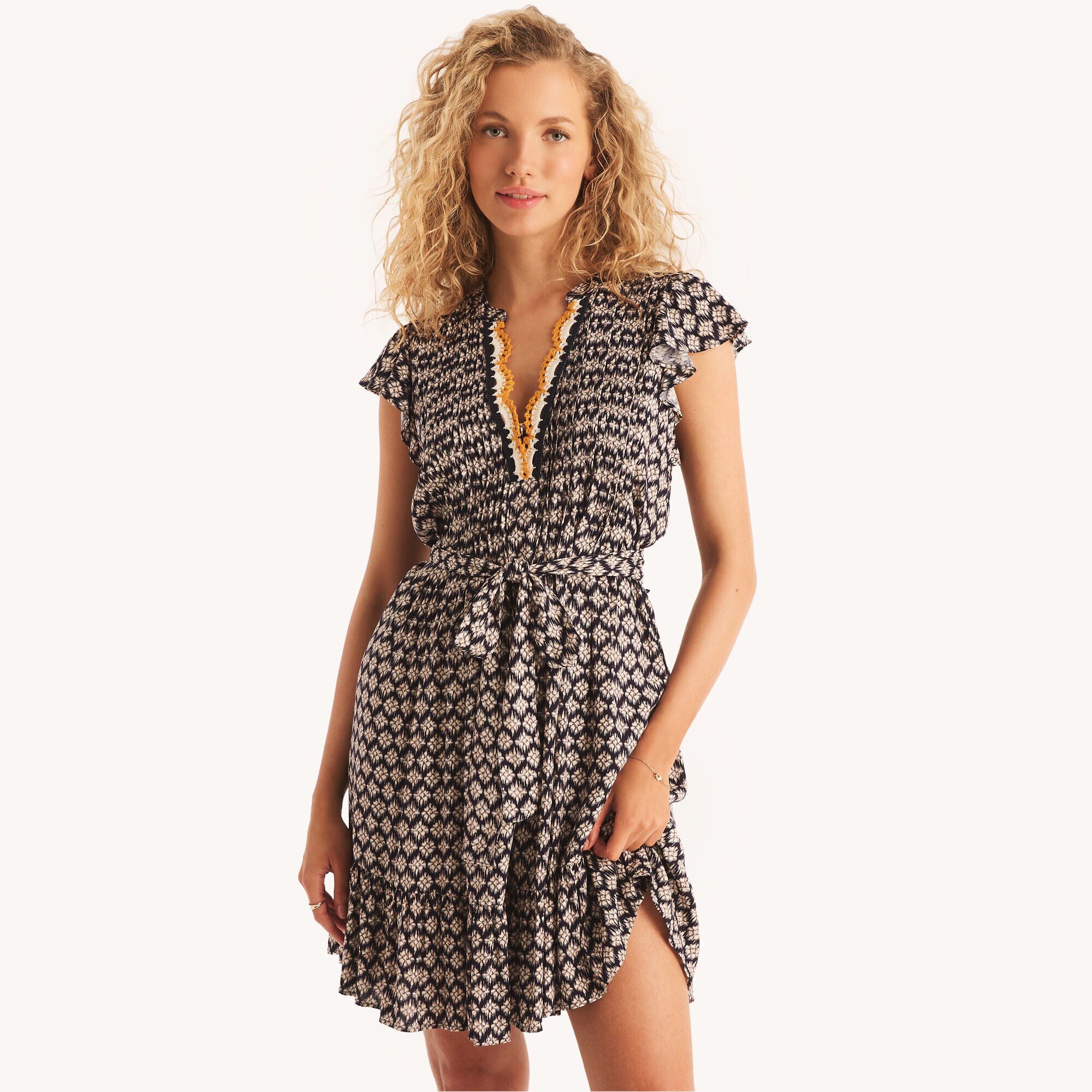 Printed Popover Dress,Navy,large