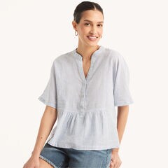 Striped Popover Linen Shirt,Tropic Wave,large