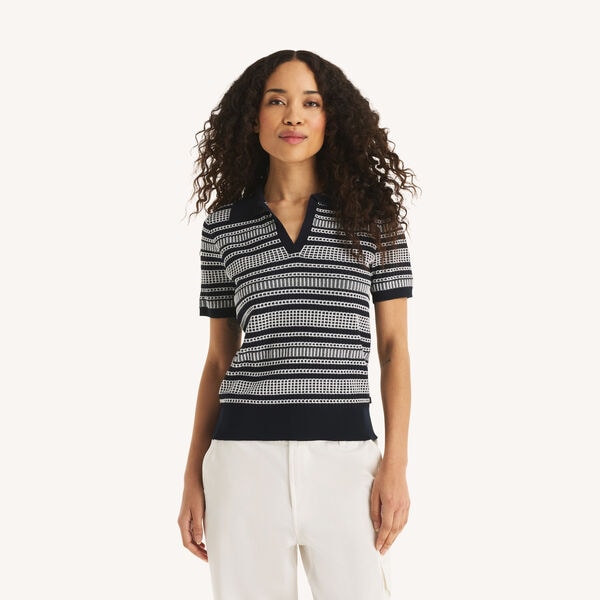 Striped Johnny Collar Short-Sleeve Sweater