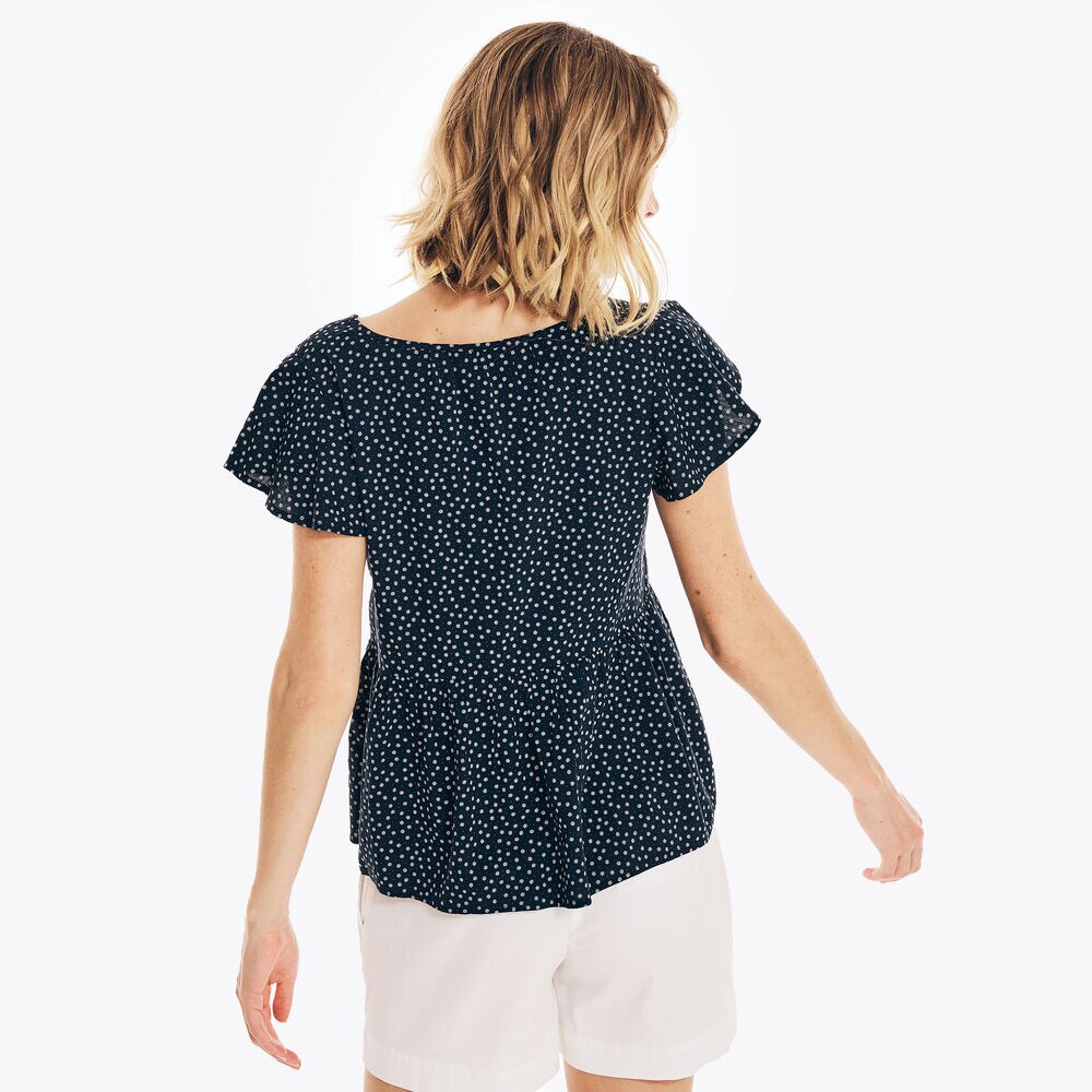 SUSTAINABLY CRAFTED SPLIT-NECK PEPLUM TOP,Stellar Blue Heather,large
