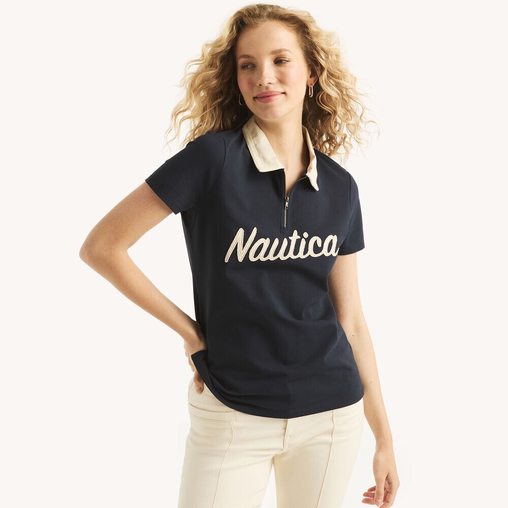 Zip-Up Polo,Navy,large