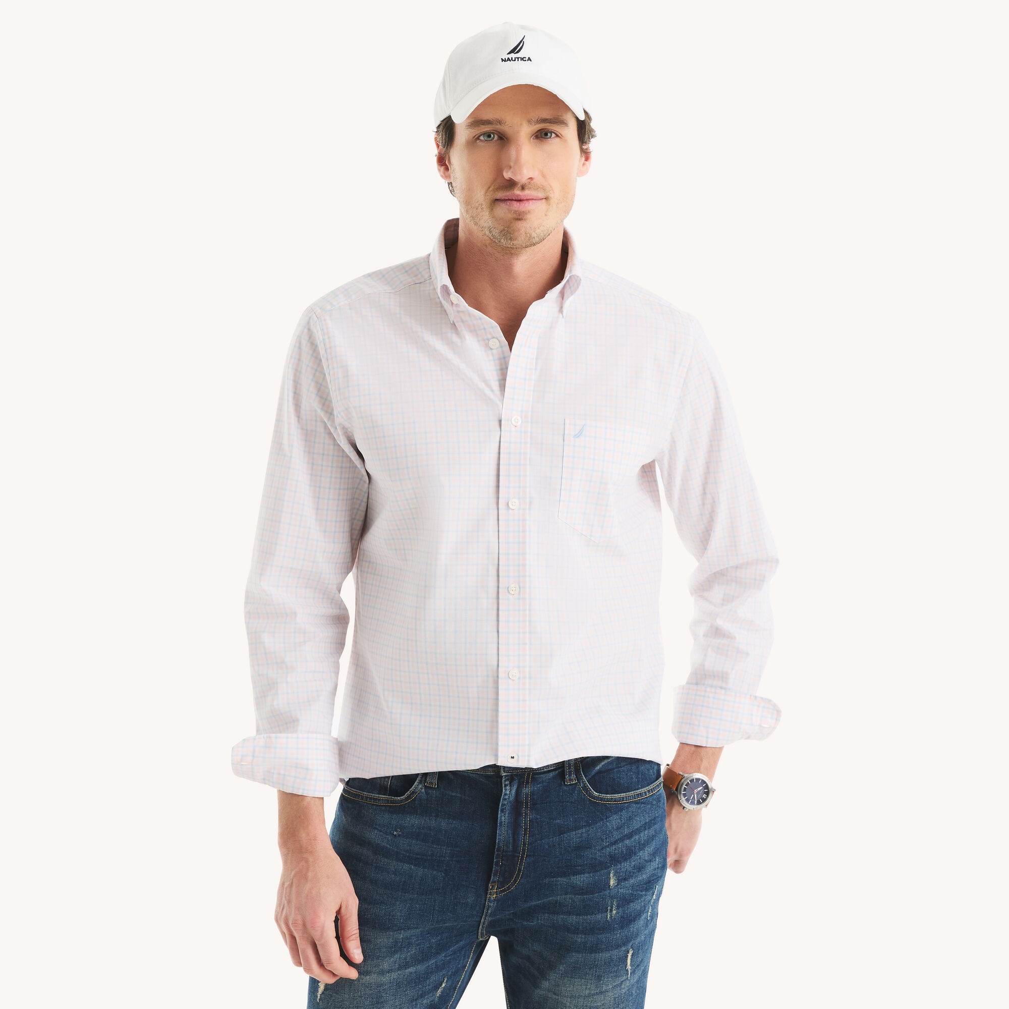 Classic Fit Wrinkle-Resistant Plaid Shirt,Buoy Red,large