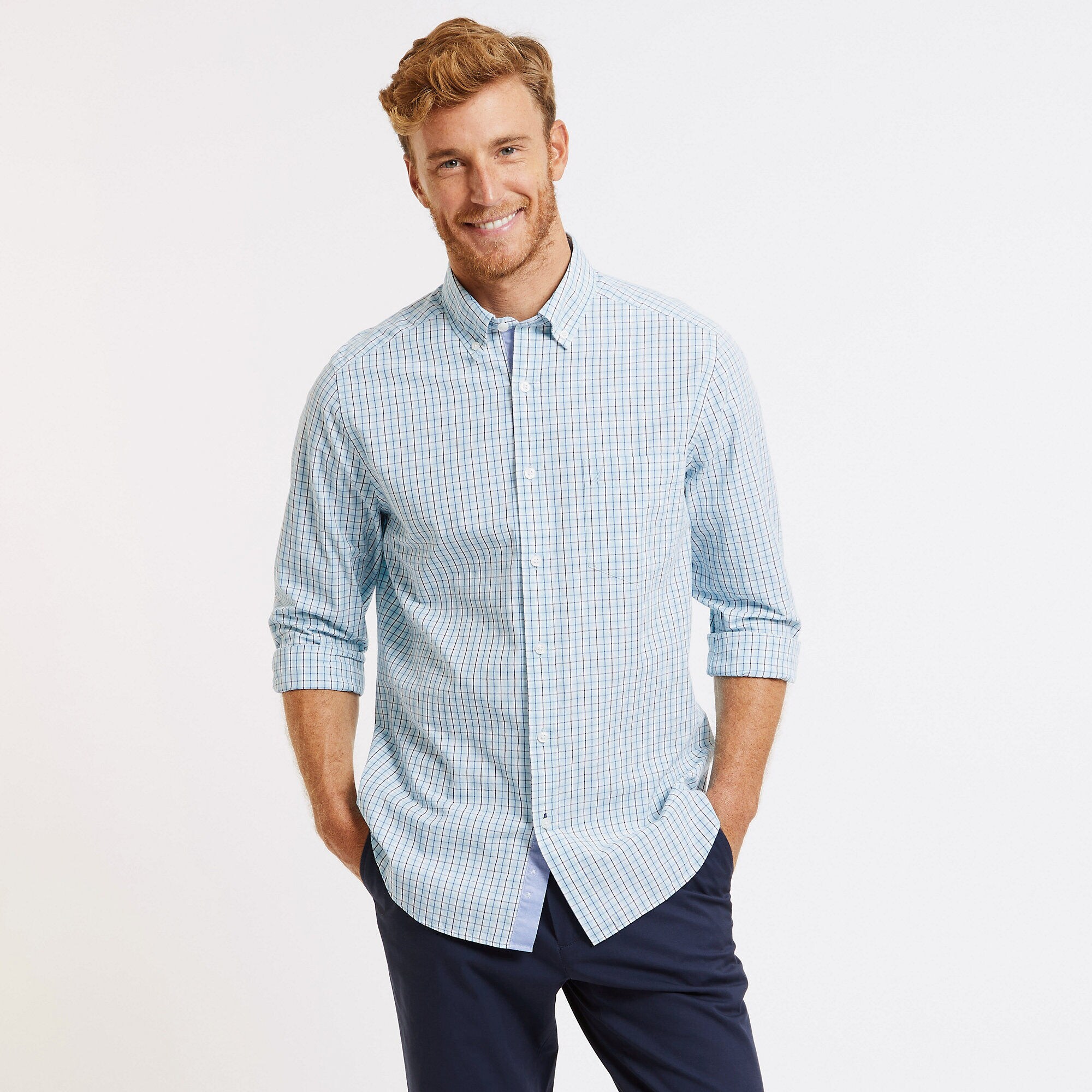 Classic Fit Long Sleeve Gingham Button Down,True Navy,large