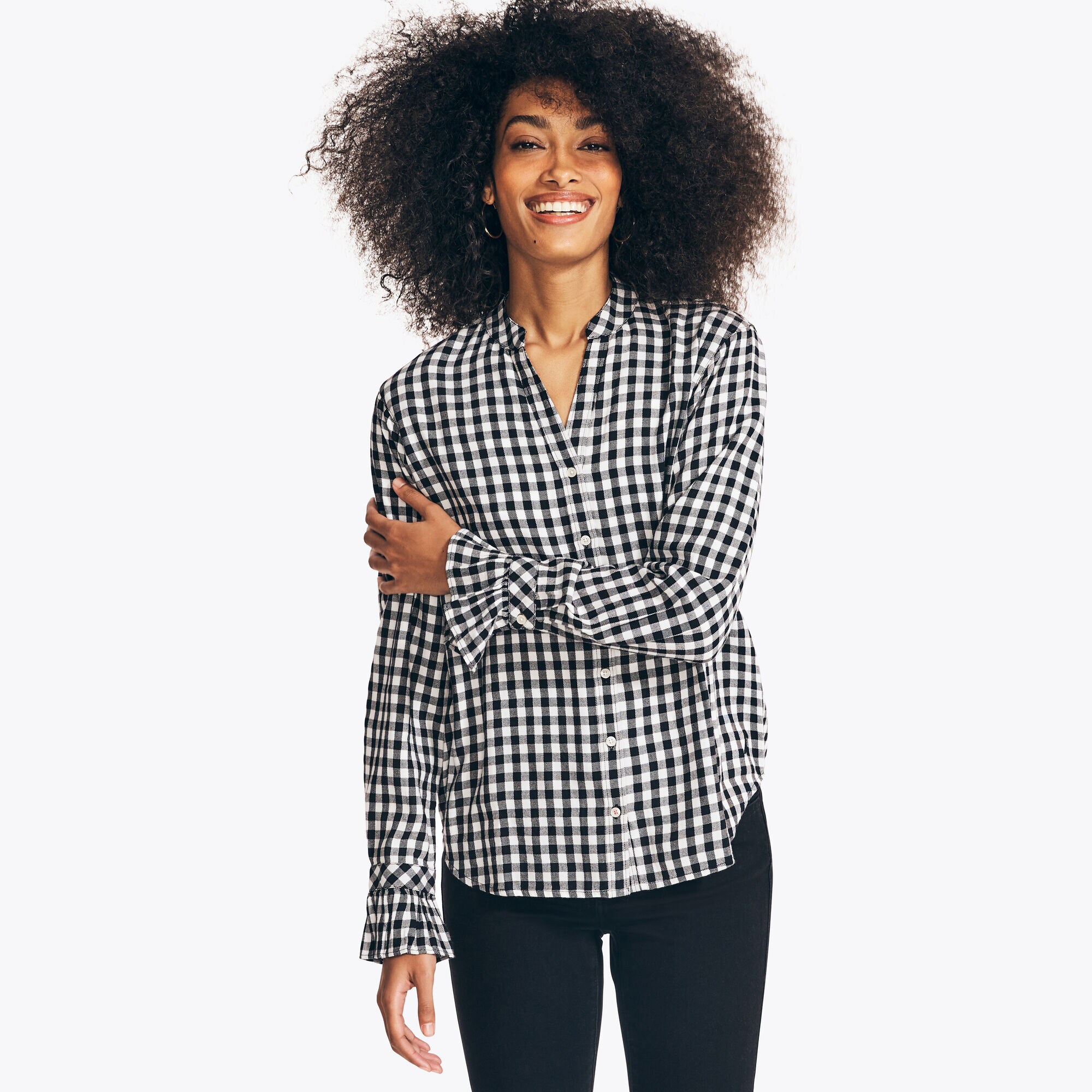 RUFFLE PLAID SHIRT,True Black,large