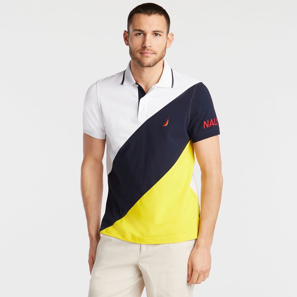 SLIM FIT POLO IN DIAGONAL COLORBLOCK,Bright White,large