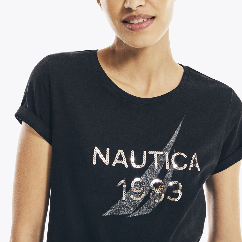 SEQUIN LOGO T-SHIRT,True Black,large