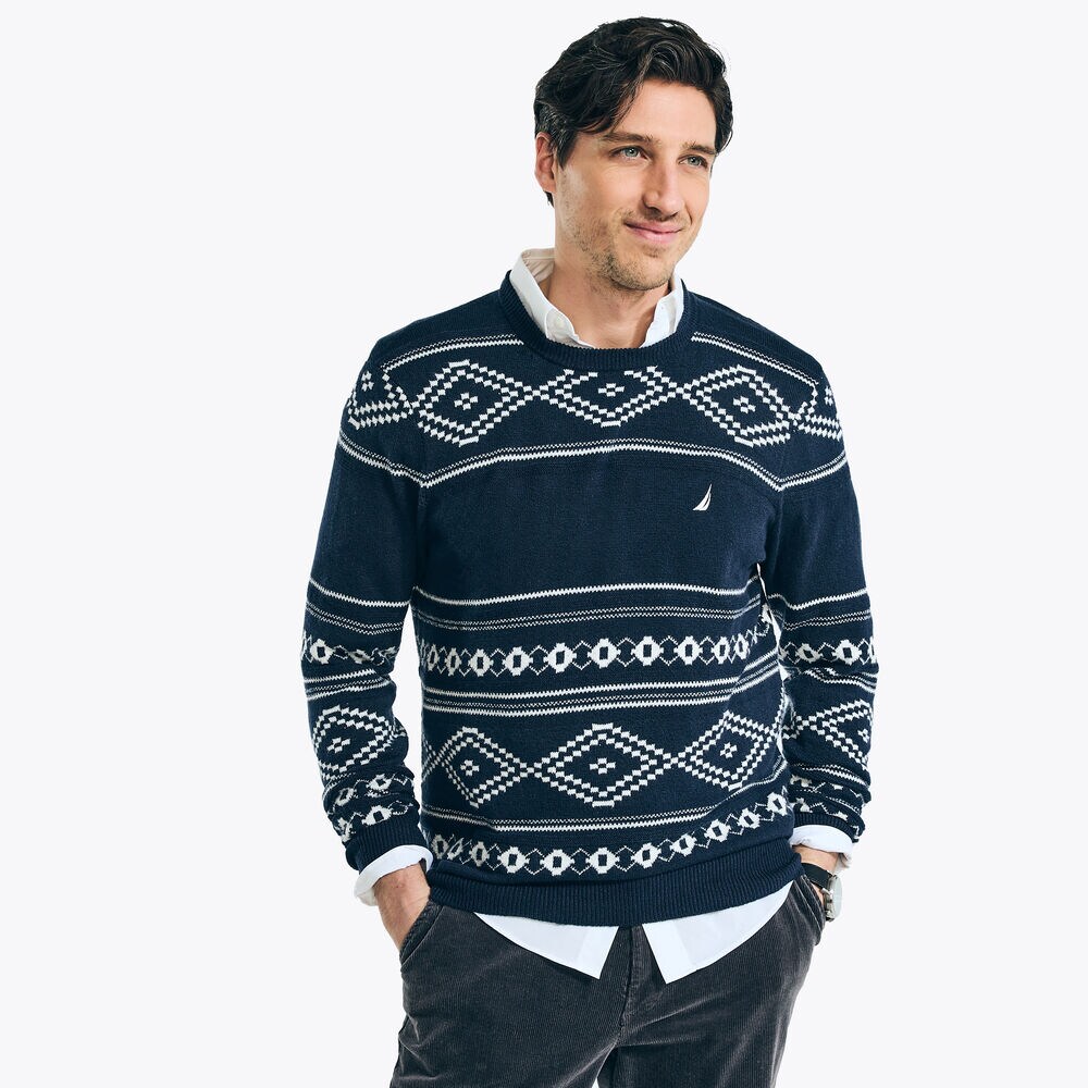 Sustainably Crafted Fair Isle Jacquard Crewneck Sweater,Stellar Blue Heather,large
