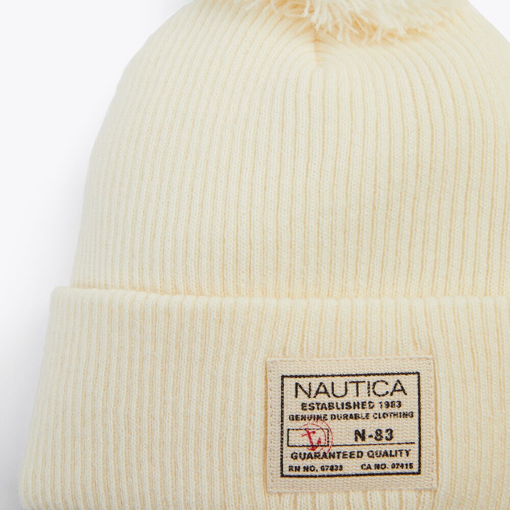 Rib-Knit Pom Hat,Champagne,large