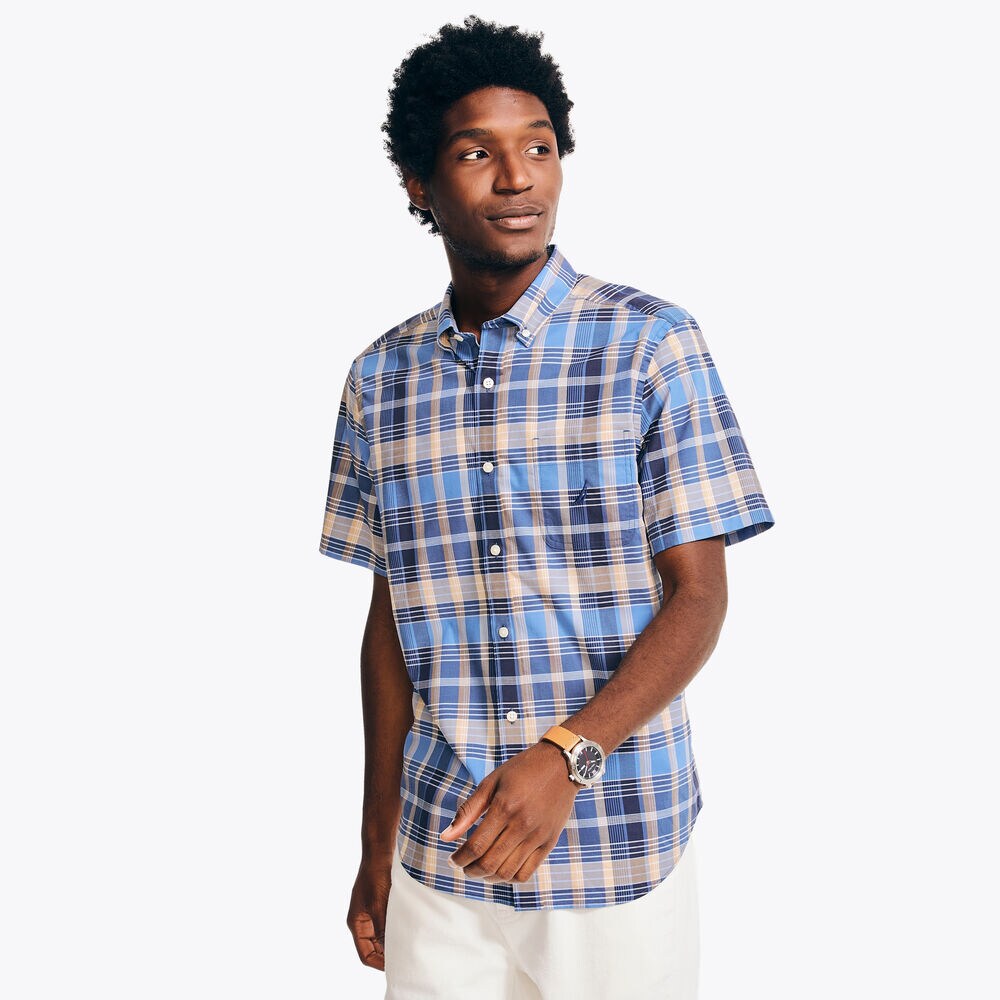 Sustainably Crafted Plaid Short-Sleeve Shirt,Bolt Blue,large