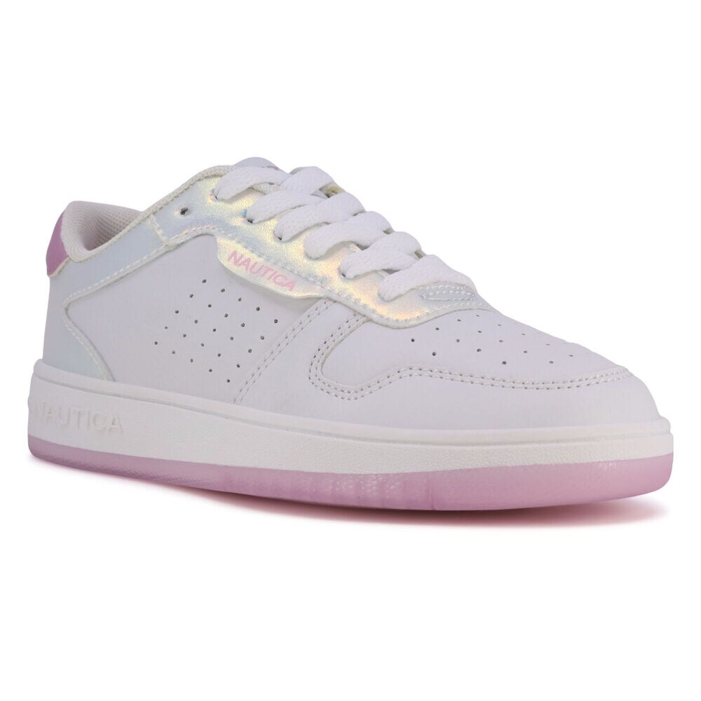 Girls' Holographic Lace-Up Sneaker,Antique White Wash,large