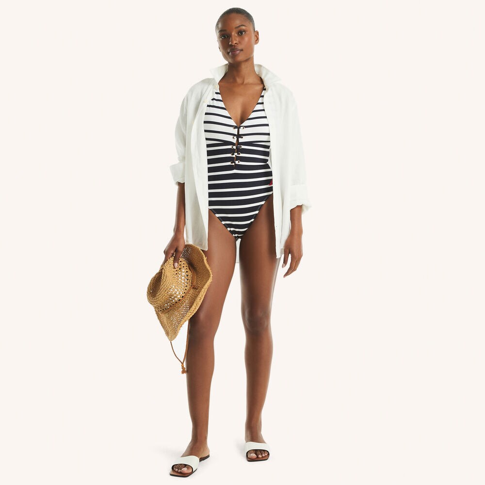 Striped One-Piece Swim,Stellar Blue Heather,large