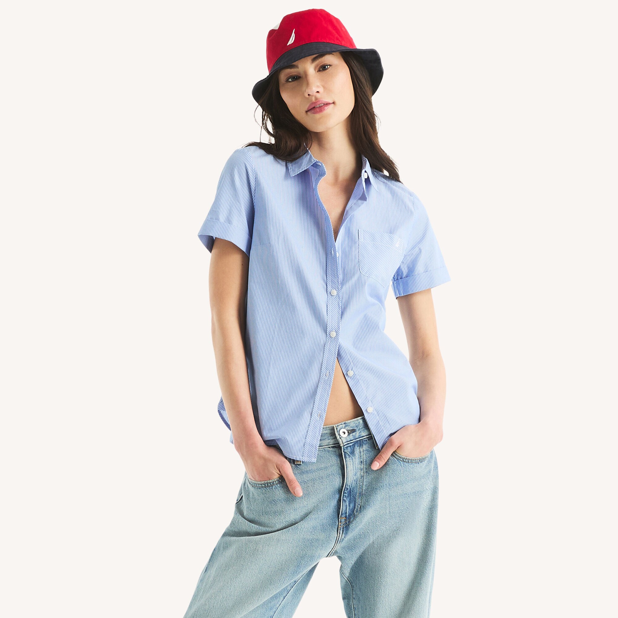 Striped Button-Up Short-Sleeve Camp Shirt,Tropic Wave,large