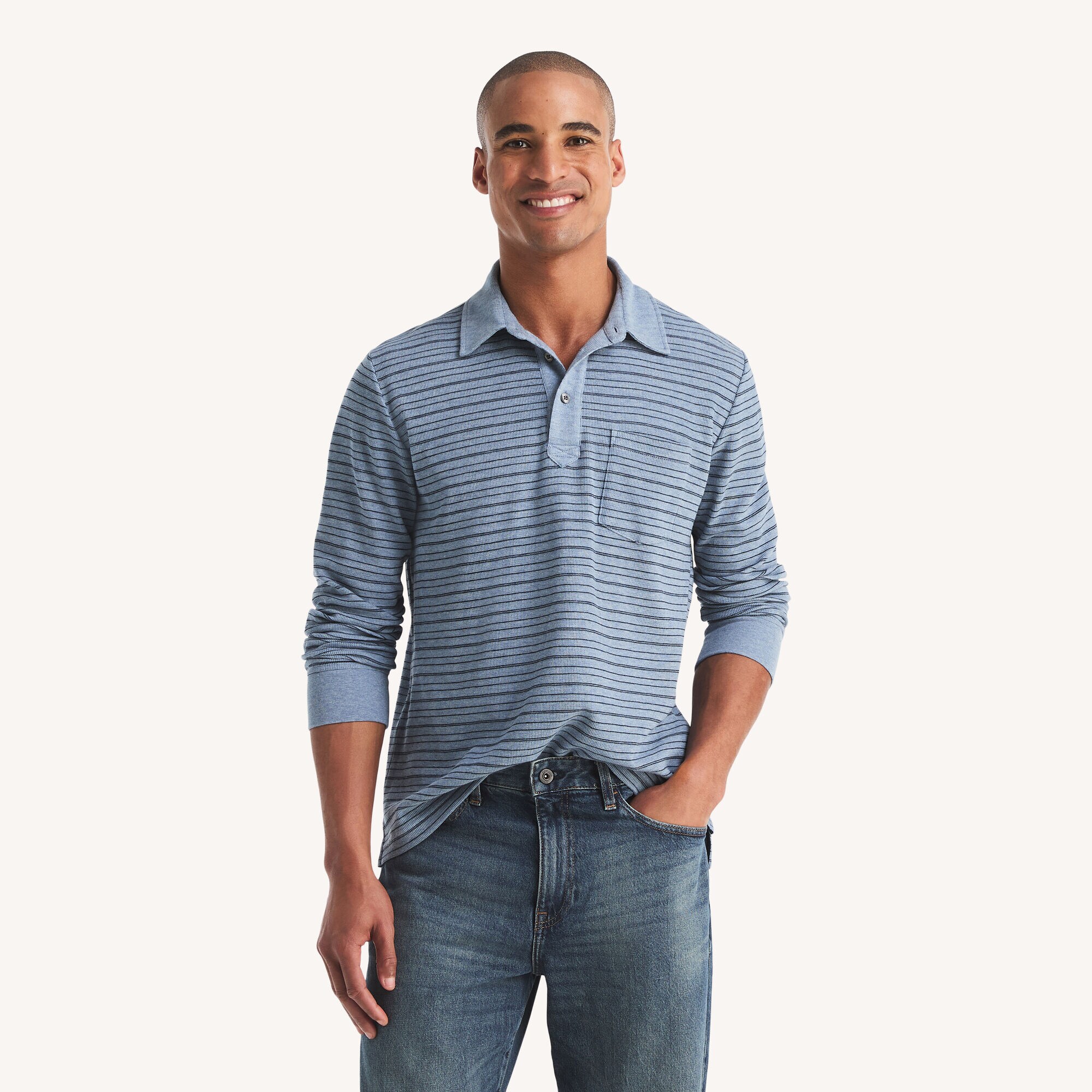 Classic Fit Waffle-Knit Long-Sleeve Striped Polo,Anchor Blue Heather,large