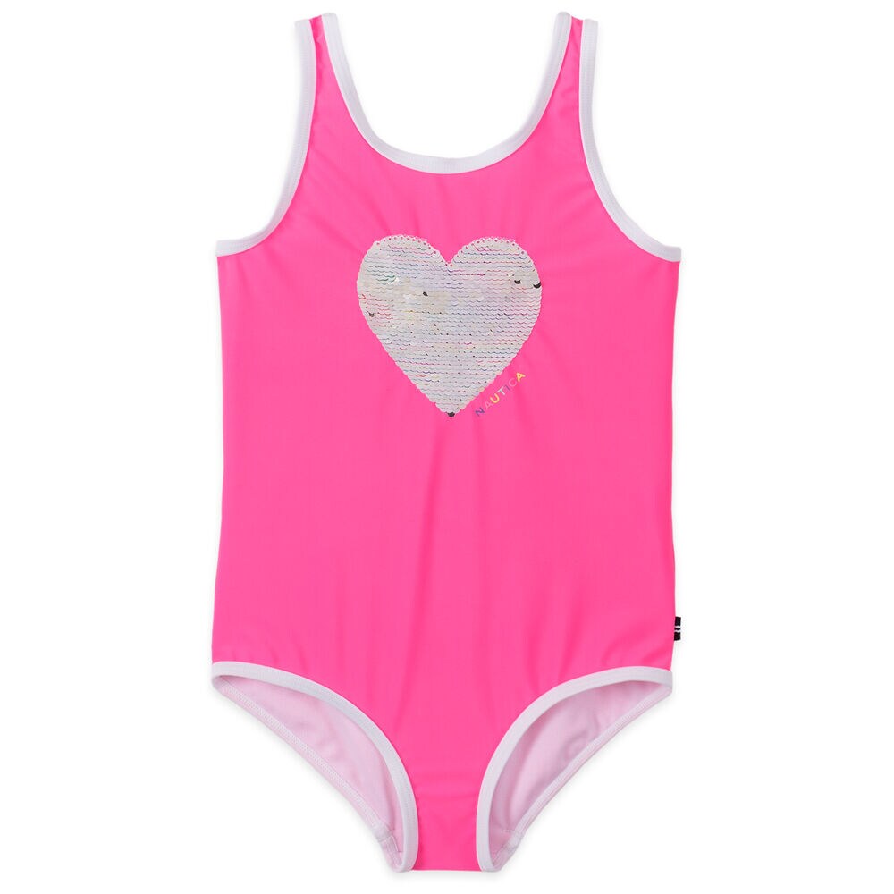 LITTLE GIRLS' HEART FLIP SEQUIN ONE PIECE SWIM (4-7),Biking Red,large