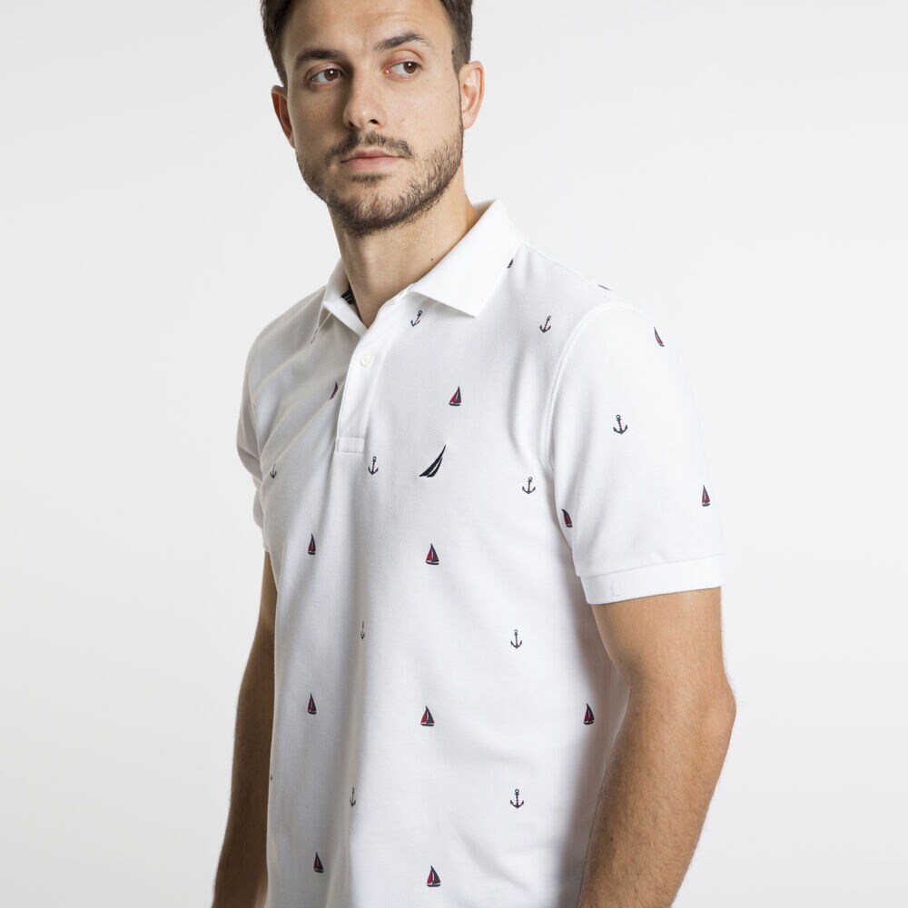 Classic Fit Mesh Polo in Anchor + Boat Icon,Bright White,large