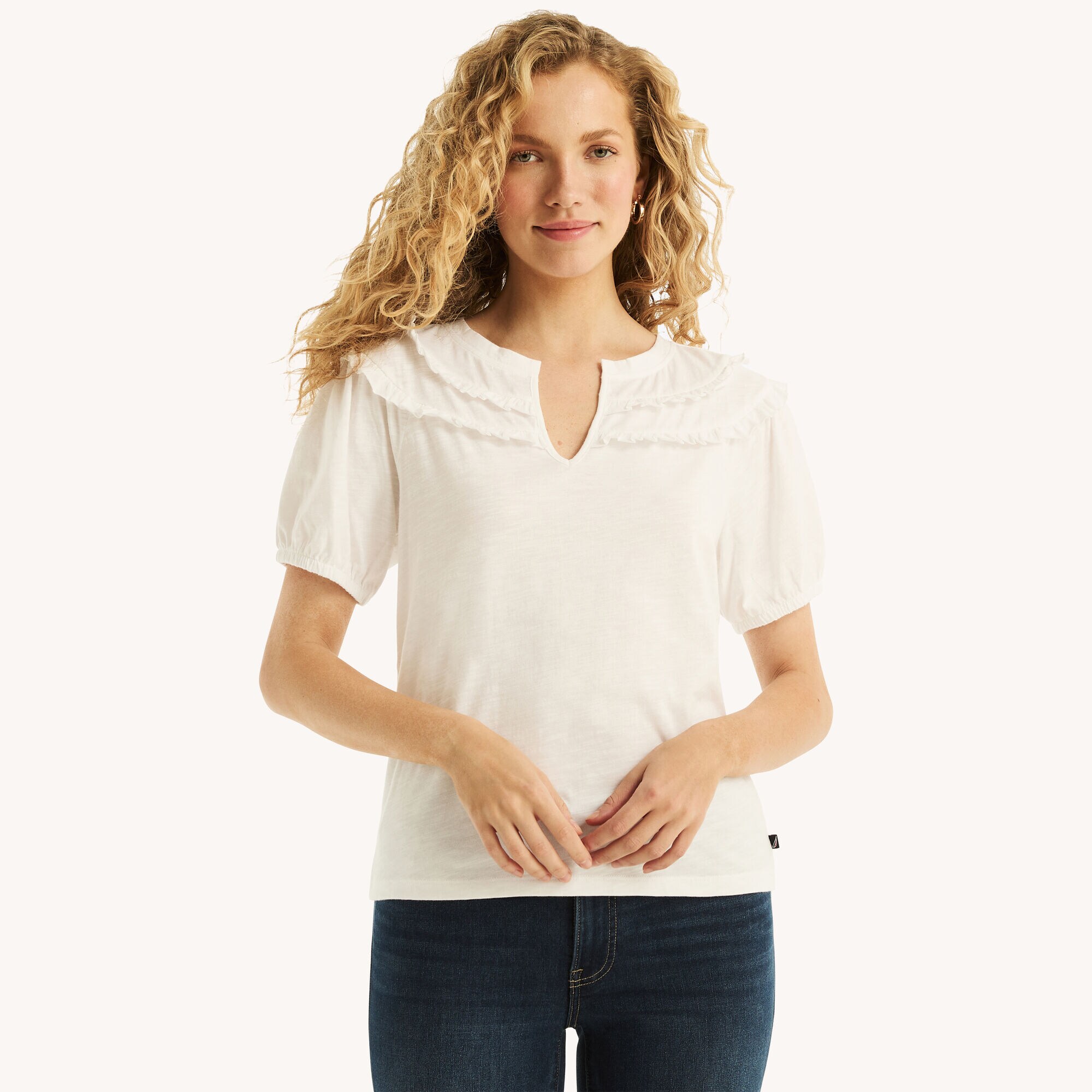 Ruffle-Neck Top,Bright White,large