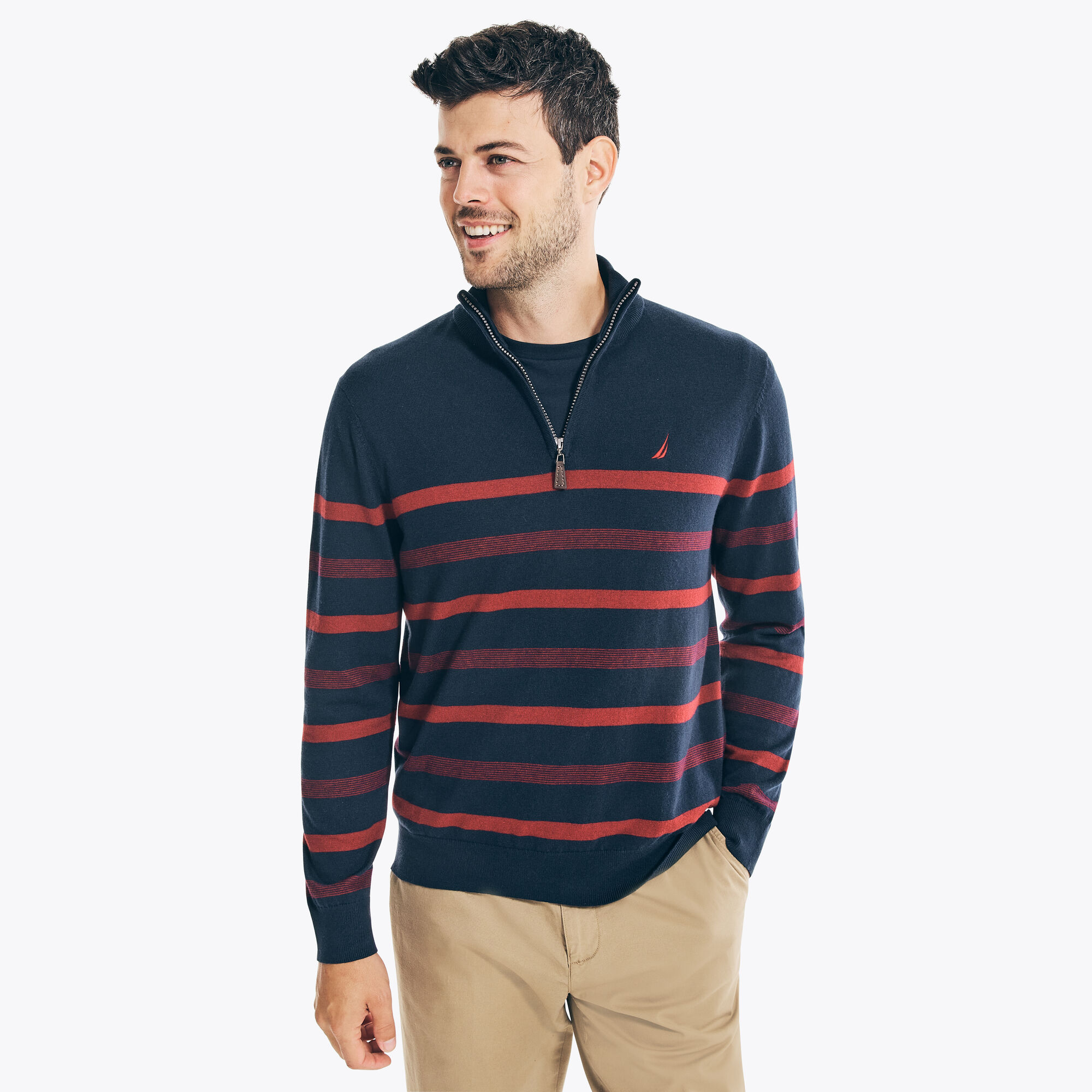 NAVTECH STRIPED QUARTER-ZIP SWEATER,Navy,large