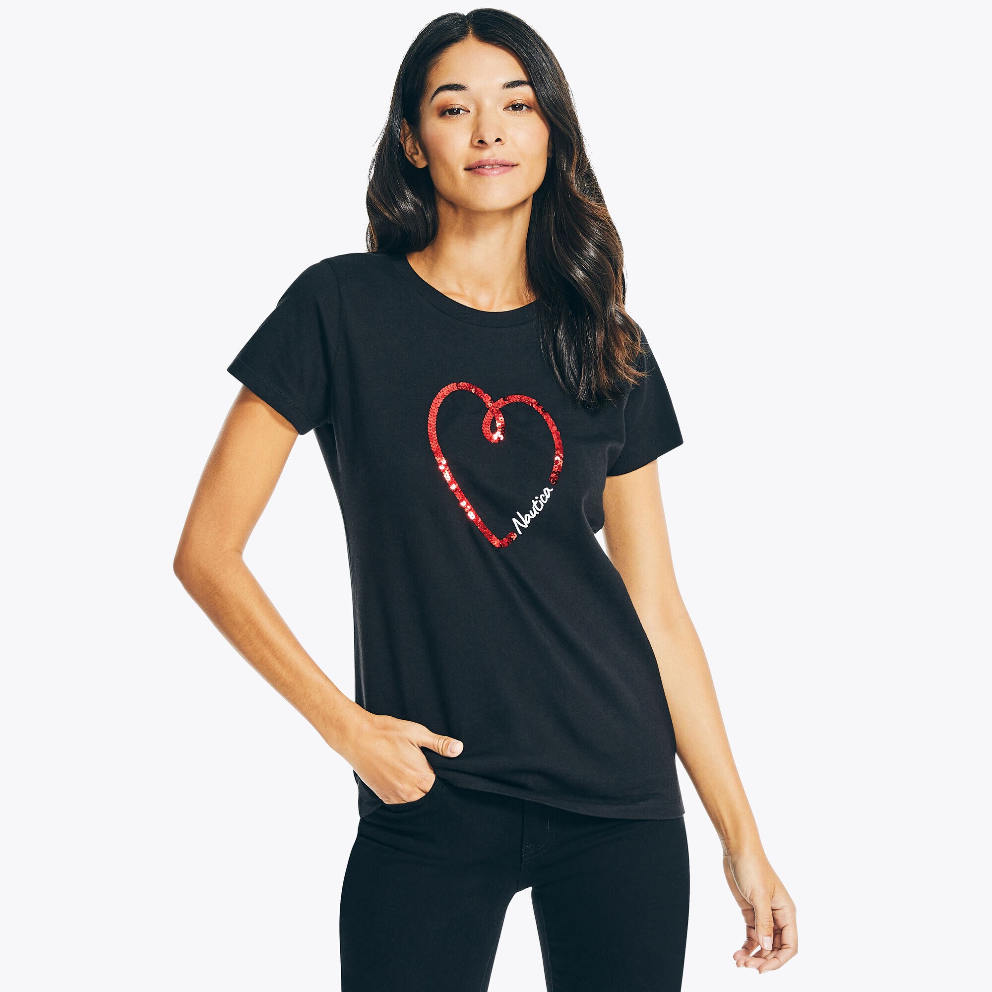 Sequin Valentine's Heart Puff Graphic T-Shirt,True Black,large