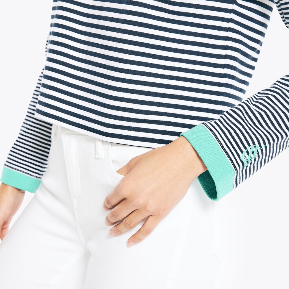 CROPPED STRIPED LONG-SLEEVE T-SHIRT,Bright White,large