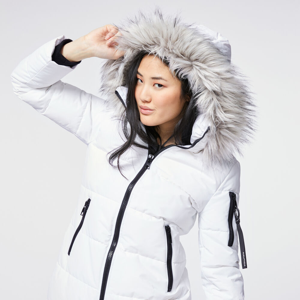 FAUX FUR TRIM HOODED PUFFER COAT,Bright White,large