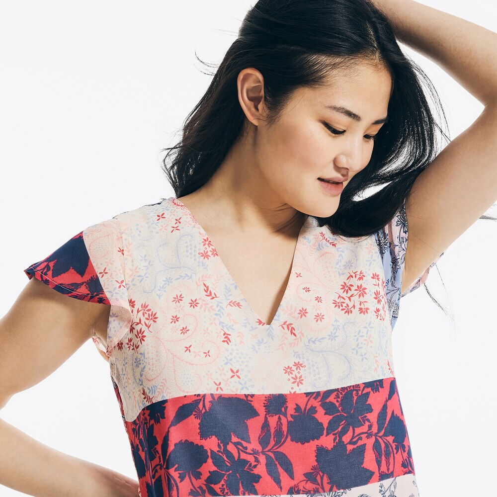 FLORAL PRINT CHIFFON RUFFLE-SLEEVE TOP,Nautica Blue,large