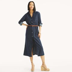 Chambray Midi Shirt Dress,Chambray,large