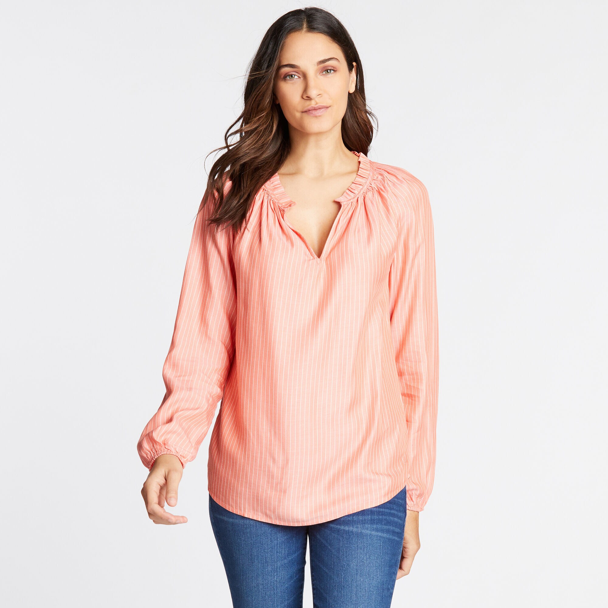 LONG SLEEVE RAGLAN SOFT TWILL STRIPED TOP,Livng Coral,large